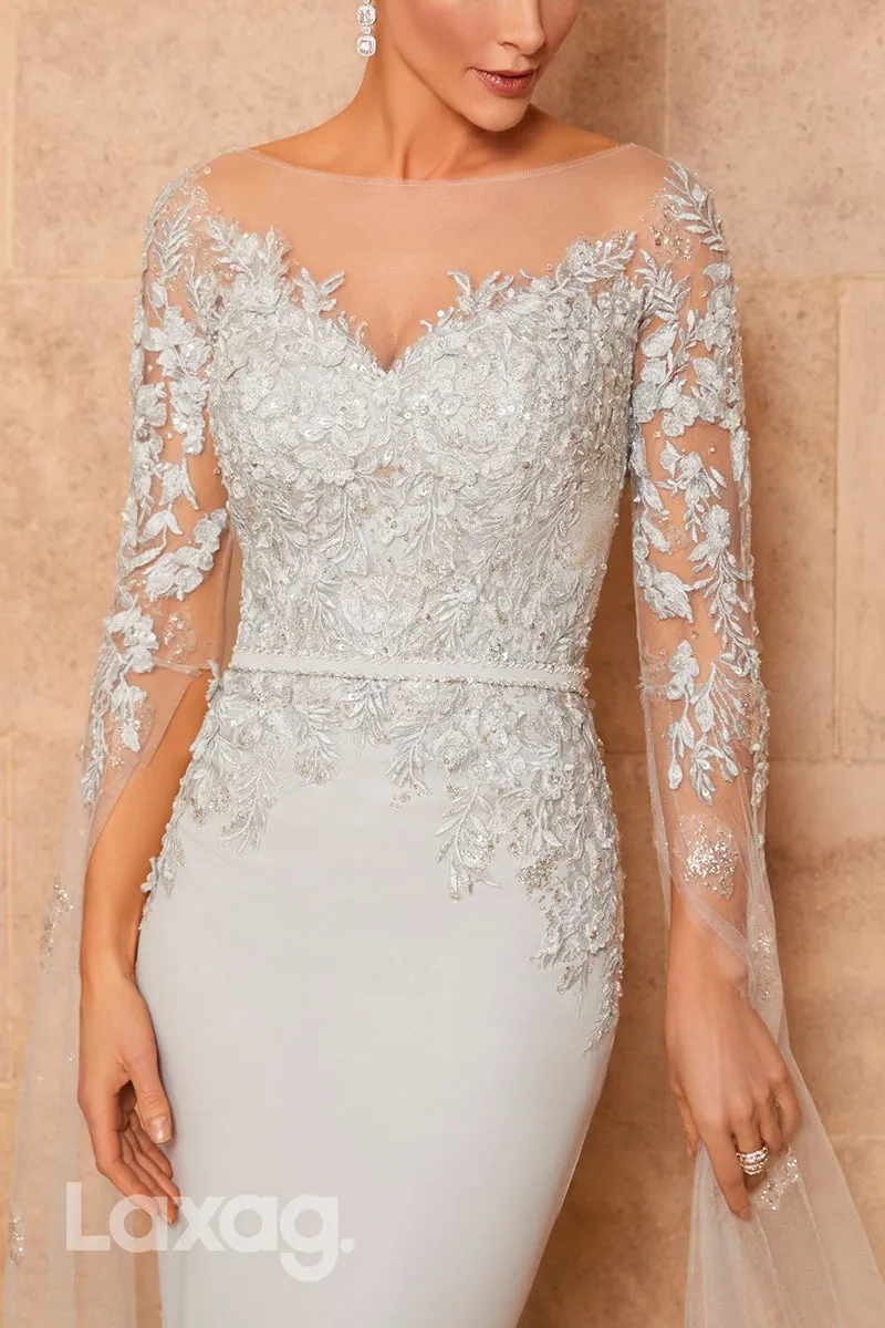 22929 - Bateau Sleeves Lace Appliques Sequins Sleek Satin Mermaid Mother of the Bride Dress