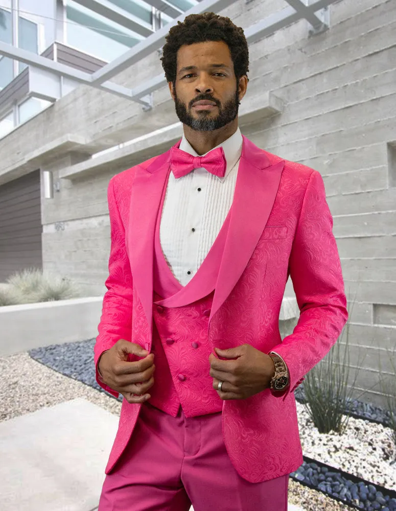 3 Pc Flat Front Pants With Matching Bow Tie | BELAGIO15 | HOTPINK