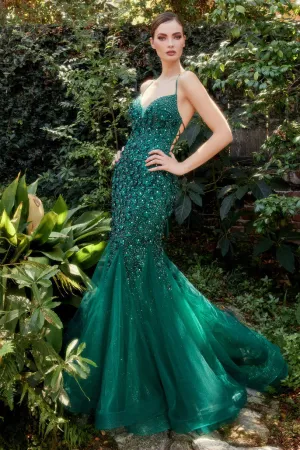 Andrea & Leo Couture A1201 Size 8 Emerald Long Fitted Shimmer Rhinestone Floral Lace Mermaid Prom Dress Corset Backless