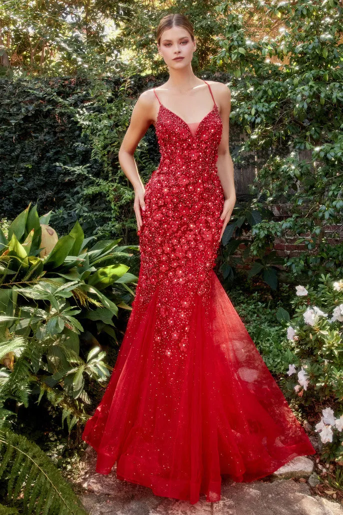 Andrea & Leo Couture A1201 Size 8 Emerald Long Fitted Shimmer Rhinestone Floral Lace Mermaid Prom Dress Corset Backless