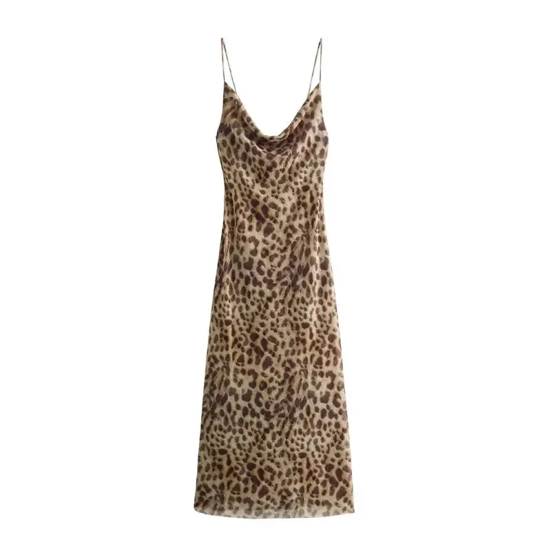ASDS Leopard Print Long Dress Women Tulle Backless Slip Dress