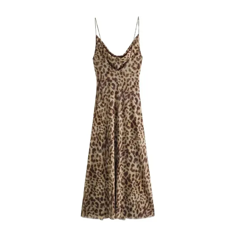 ASDS Leopard Print Long Dress Women Tulle Backless Slip Dress