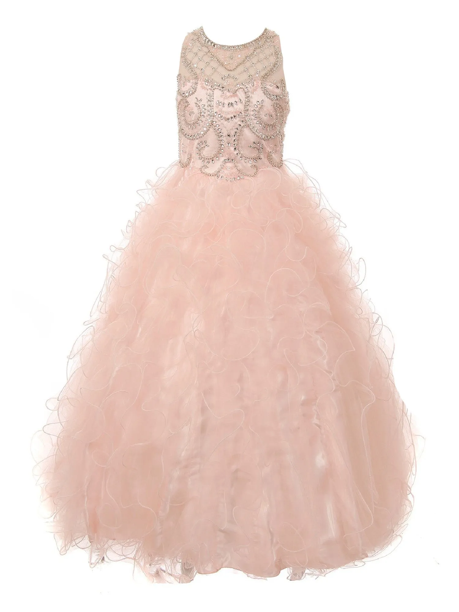 Big Girls Blush Ruffles Rhinestone Illusion Neck Pageant Dress 8-16