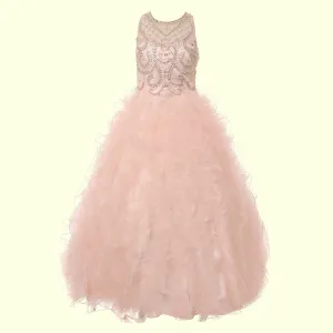 Big Girls Blush Ruffles Rhinestone Illusion Neck Pageant Dress 8-16