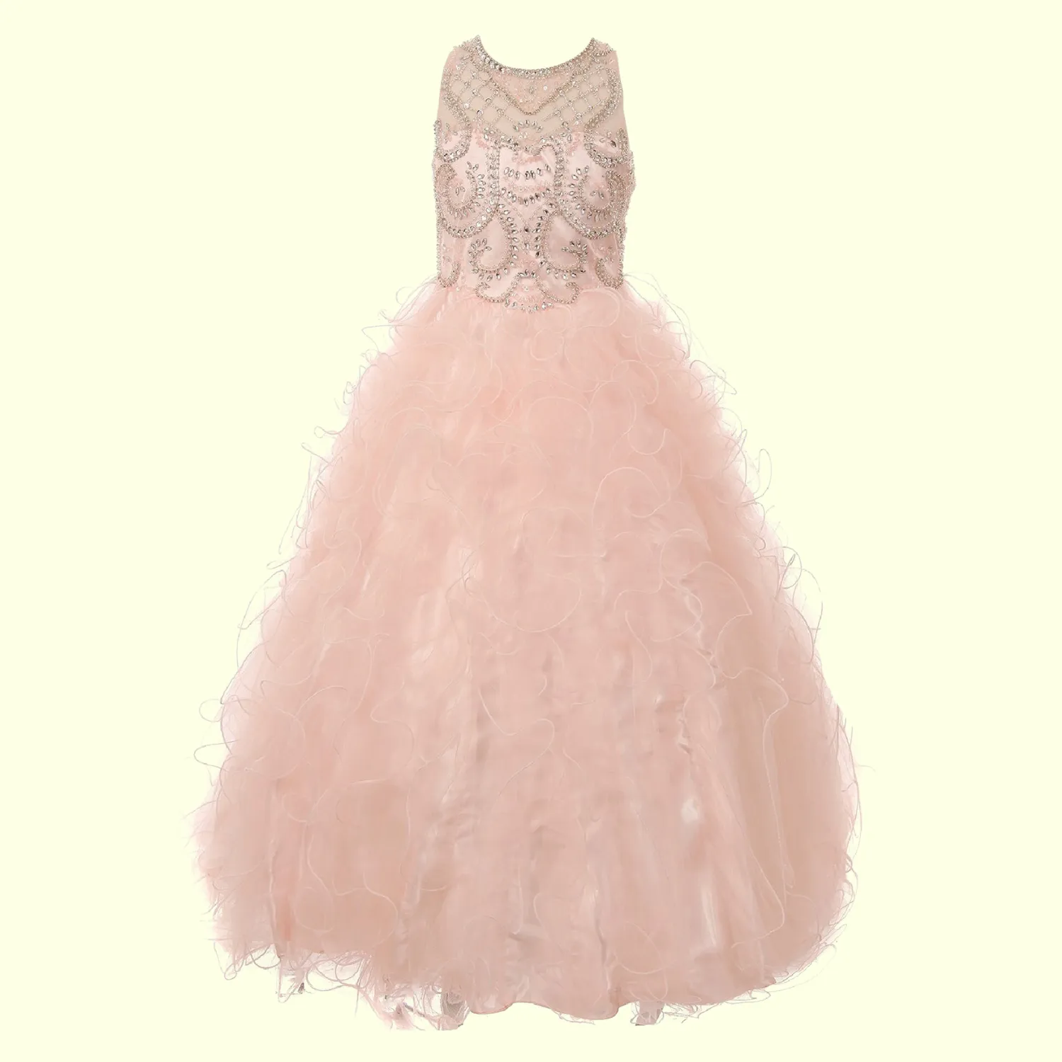Big Girls Blush Ruffles Rhinestone Illusion Neck Pageant Dress 8-16