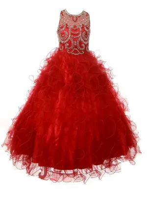 Big Girls Burgundy Ruffles Rhinestone Illusion Neck Pageant Dress 8-16