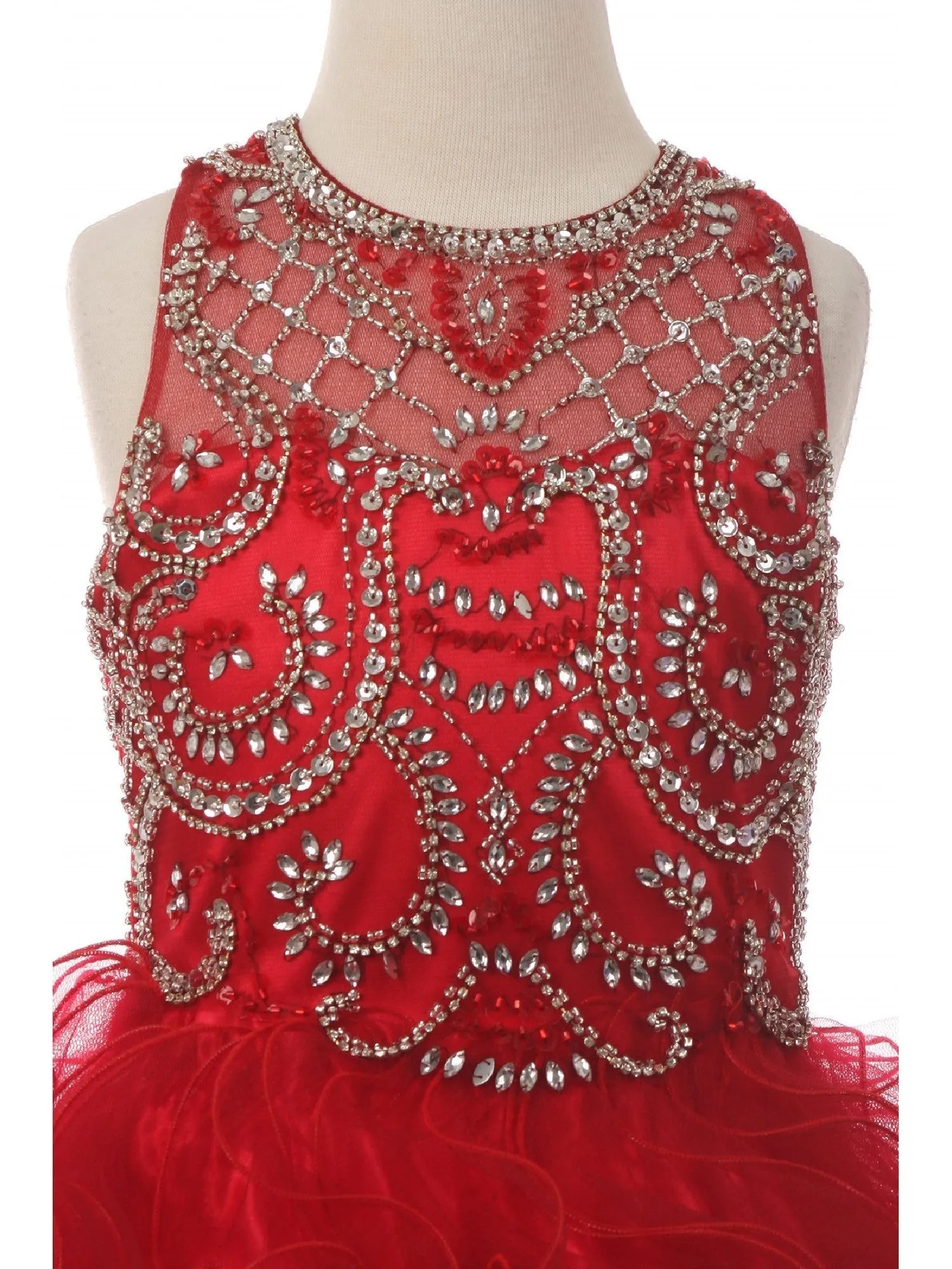 Big Girls Burgundy Ruffles Rhinestone Illusion Neck Pageant Dress 8-16