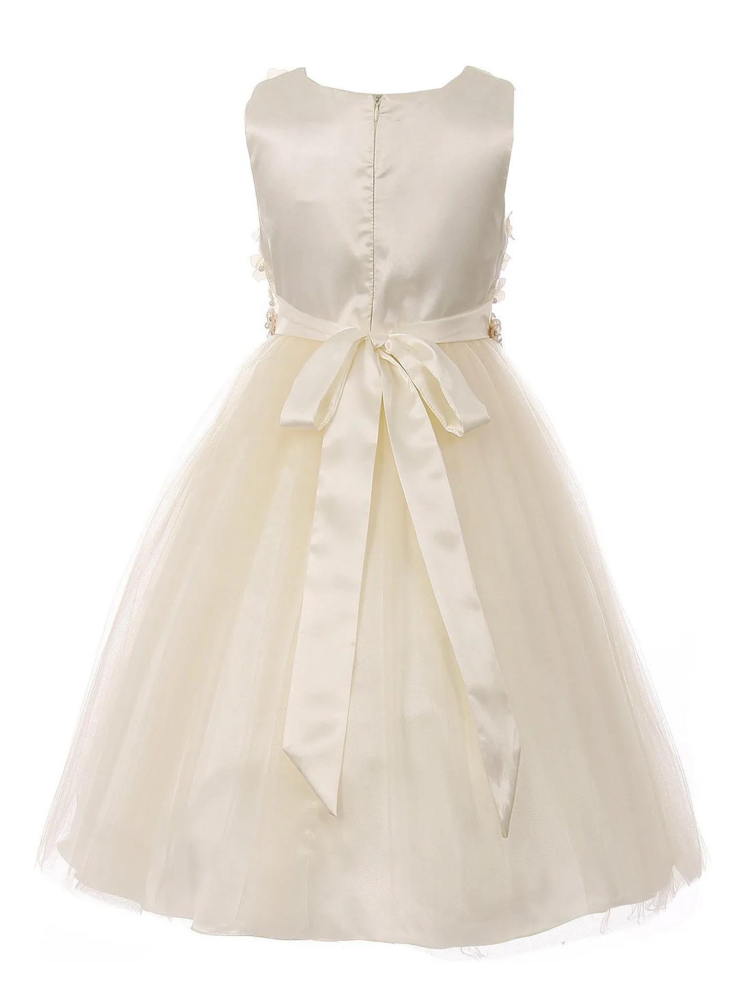 Big Girls Champagne Pearl 3D Floral Accents Tulle Junior Bridesmaid Dress 8-16