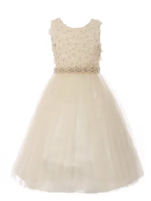 Big Girls Champagne Pearl 3D Floral Accents Tulle Junior Bridesmaid Dress 8-16