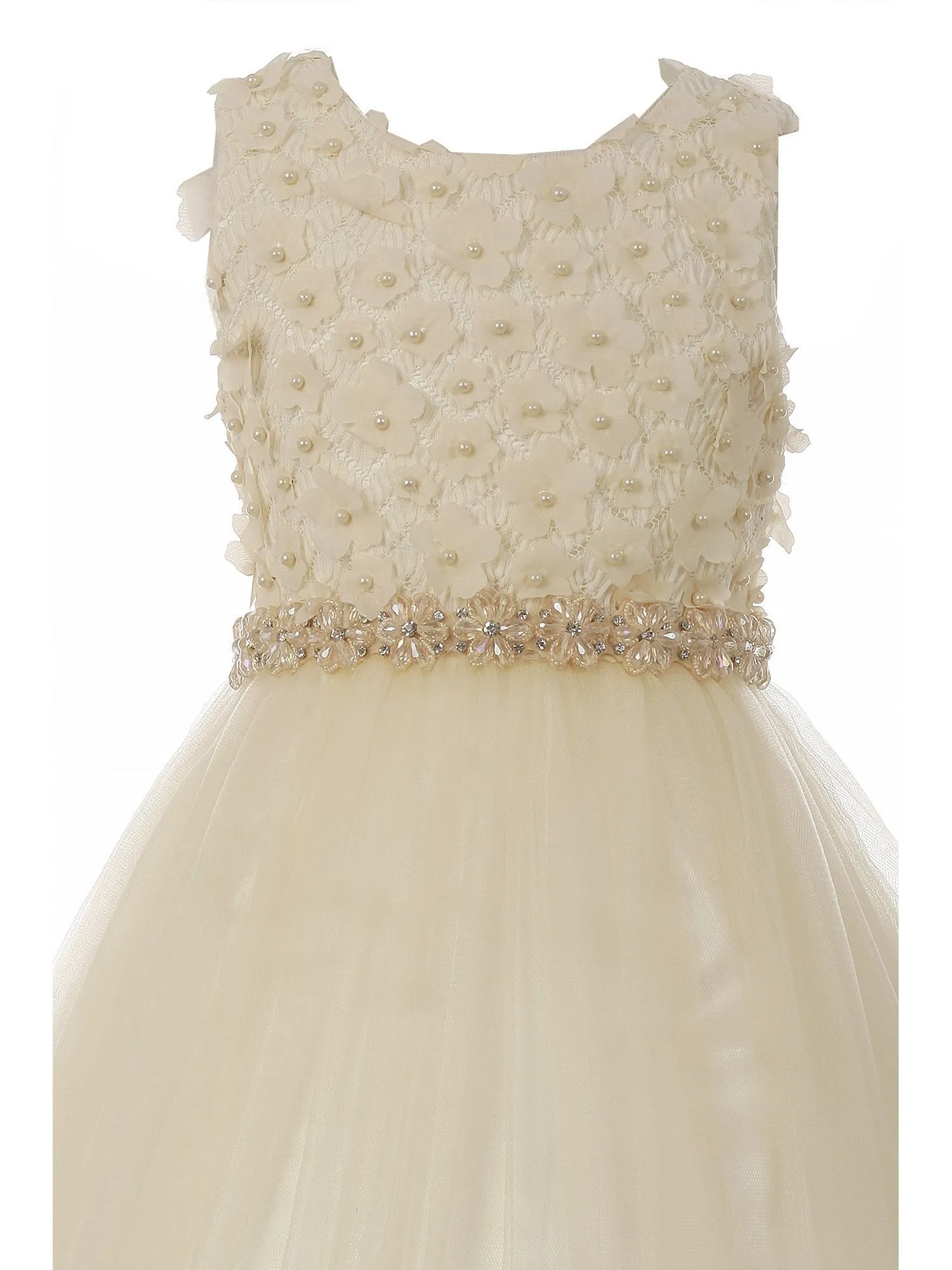 Big Girls Champagne Pearl 3D Floral Accents Tulle Junior Bridesmaid Dress 8-16