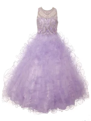 Big Girls Lilac Ruffles Rhinestone Illusion Neck Pageant Dress 8-16