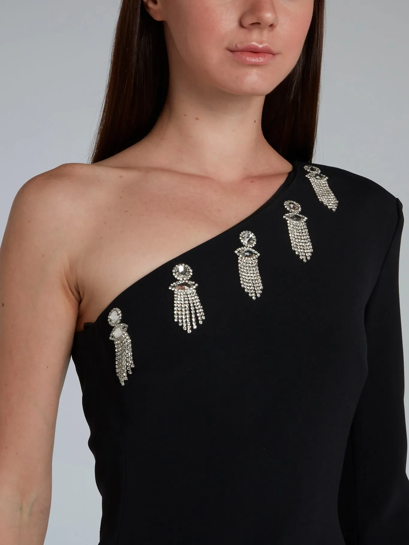 Black Asymmetric Embroidered Mini Dress
