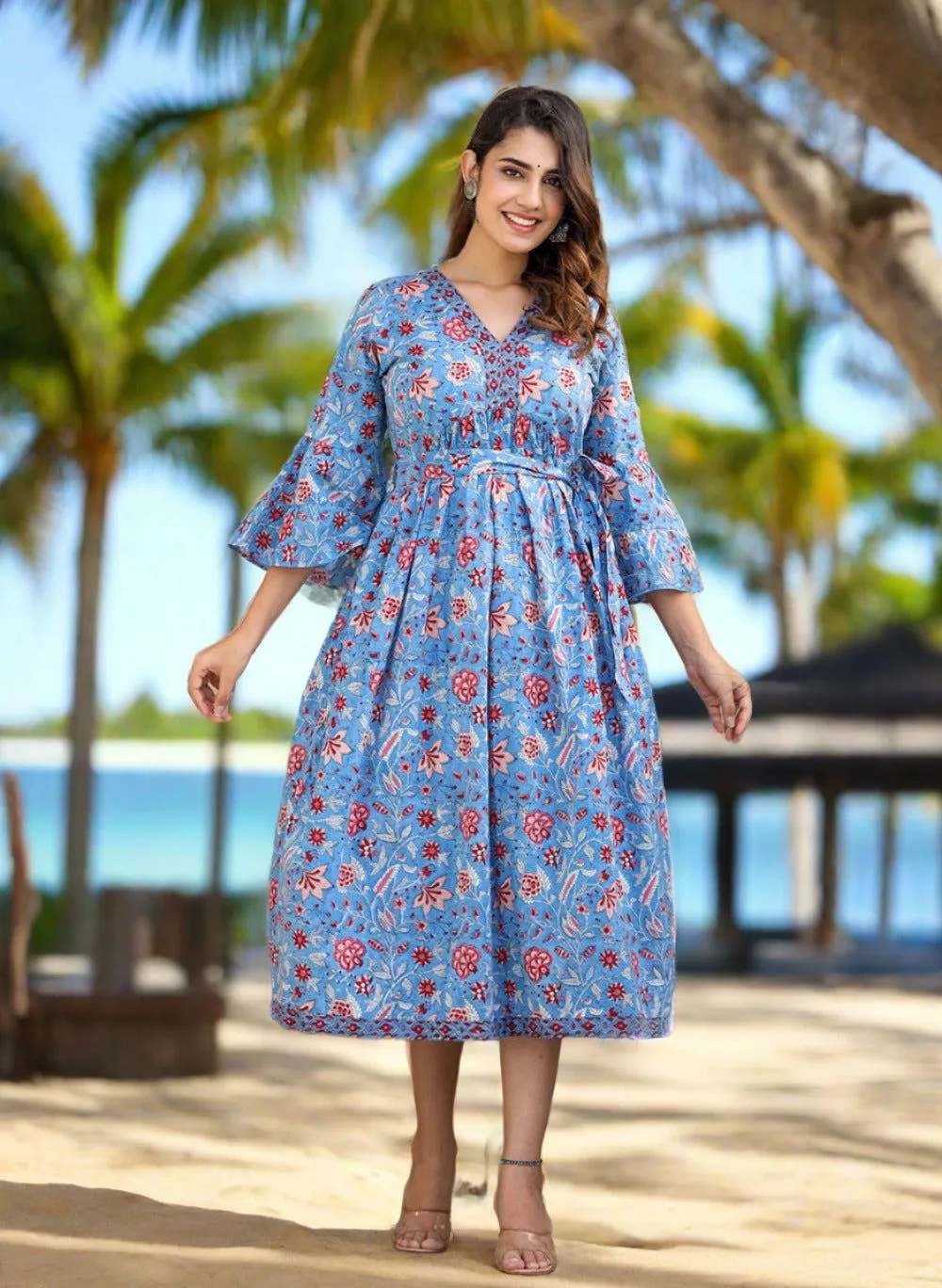 Blue Floral Printed Cotton Handblock Dress (pack of 1)