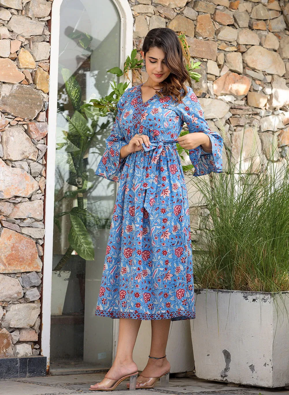 Blue Floral Printed Cotton Handblock Dress (pack of 1)