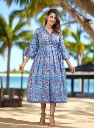 Blue Floral Printed Cotton Handblock Dress (pack of 1)