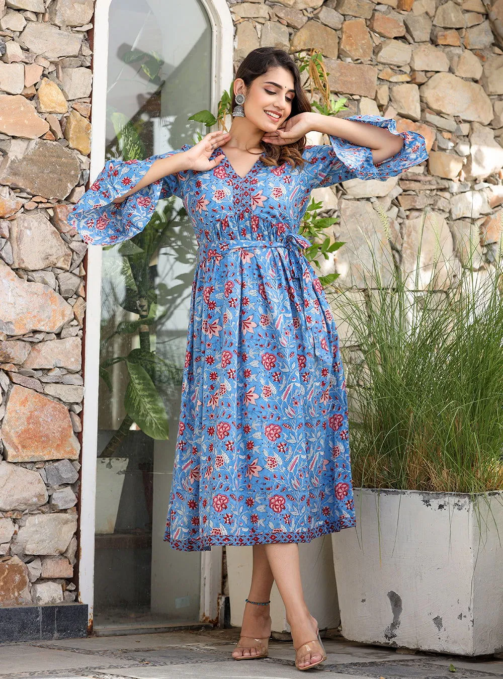 Blue Floral Printed Cotton Handblock Dress (pack of 1)