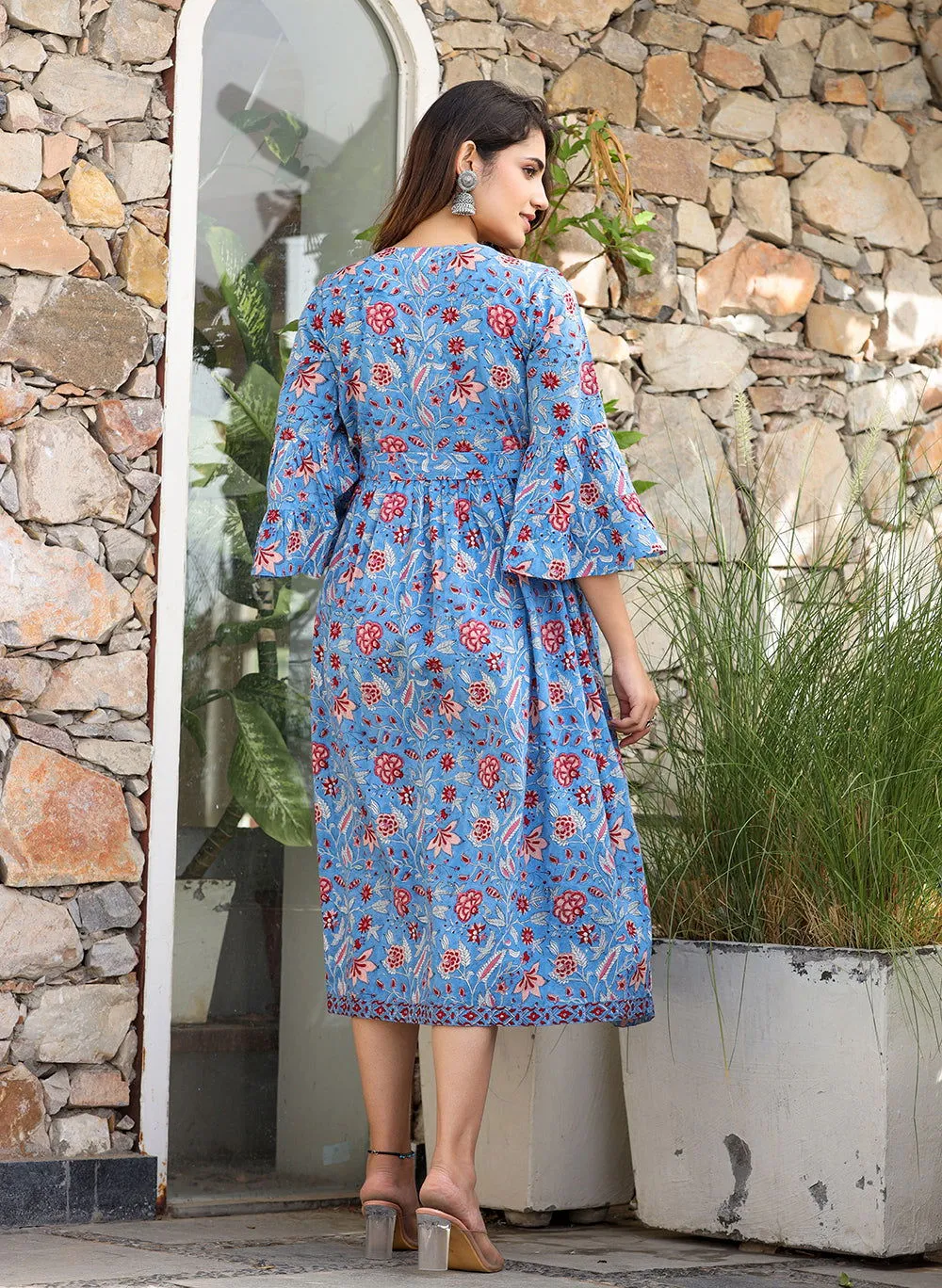 Blue Floral Printed Cotton Handblock Dress (pack of 1)