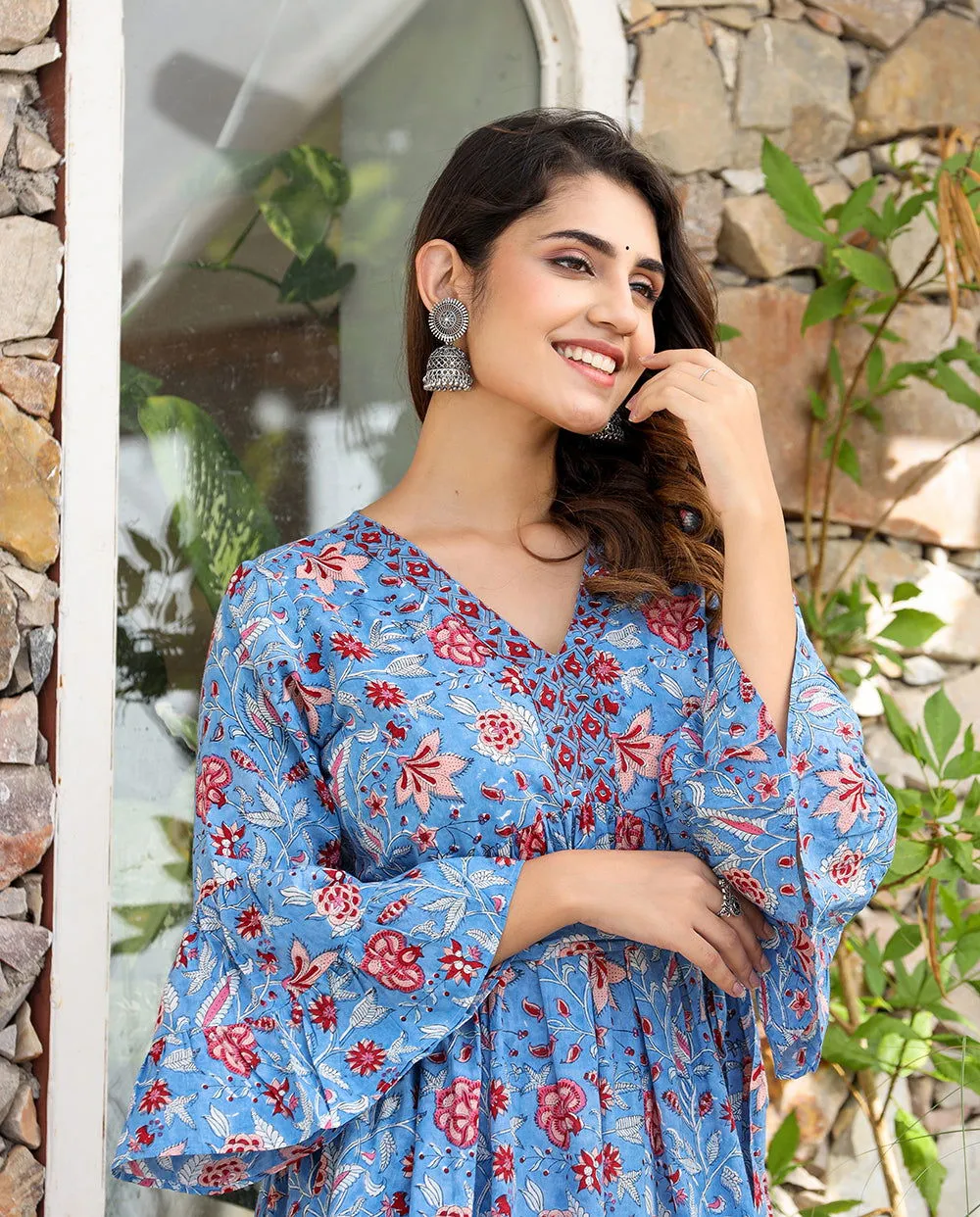 Blue Floral Printed Cotton Handblock Dress (pack of 1)