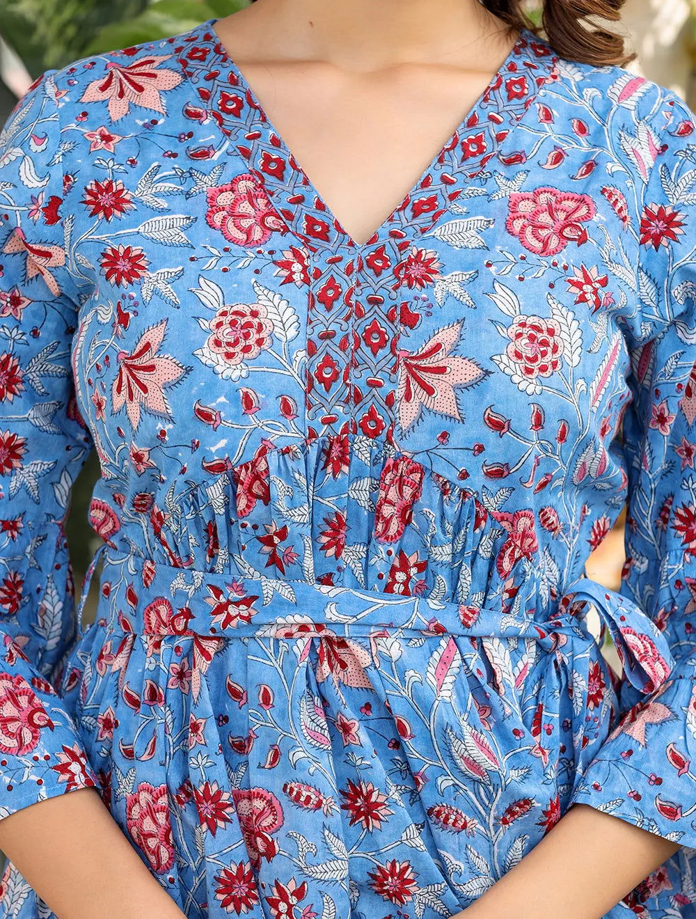 Blue Floral Printed Cotton Handblock Dress (pack of 1)
