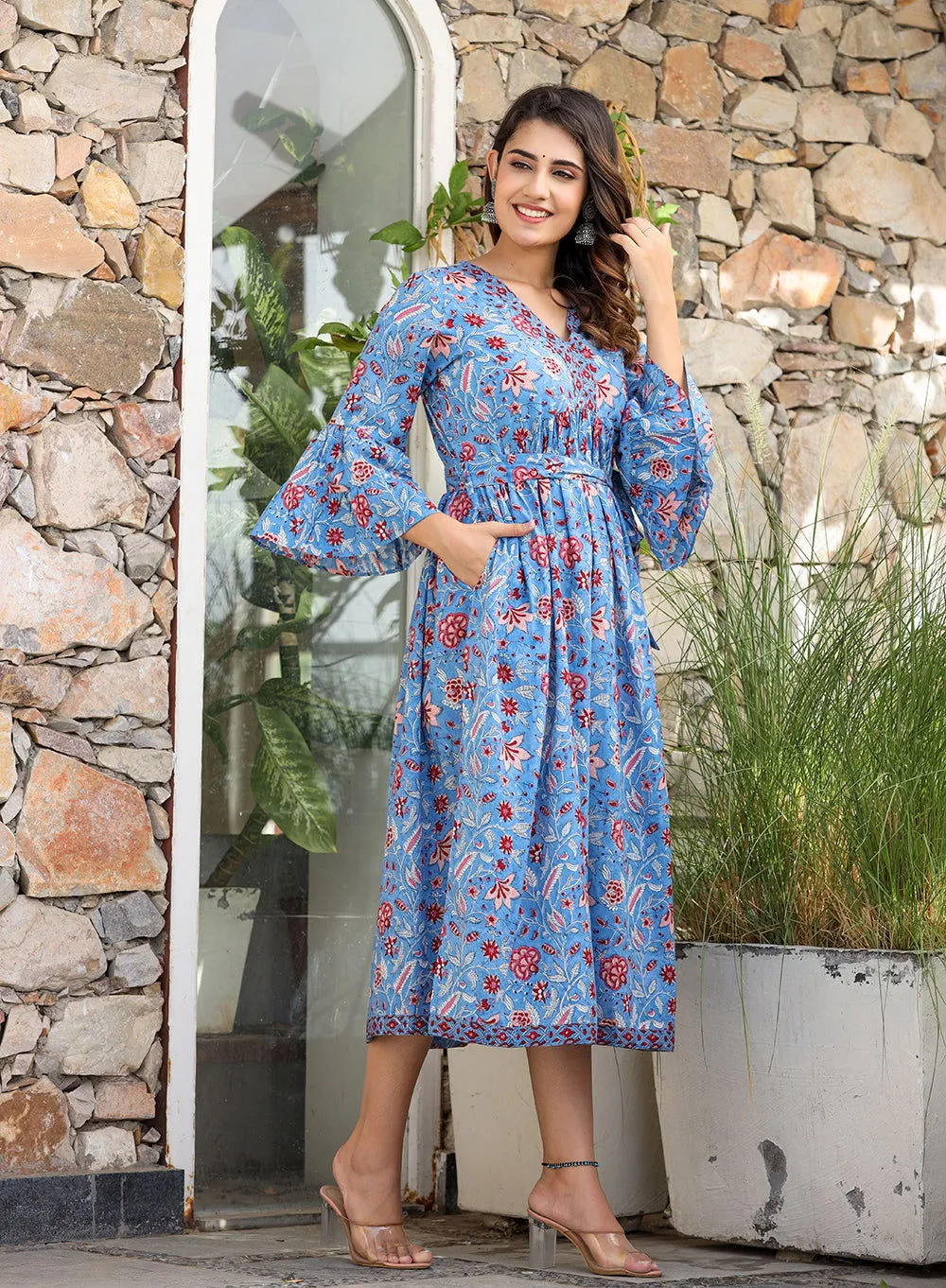 Blue Floral Printed Cotton Handblock Dress (pack of 1)