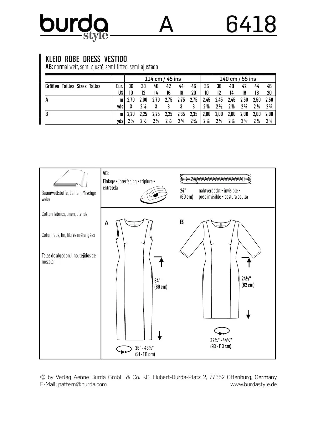 Burda Pattern 6418 Misses' Feminine Dresses (10-20)
