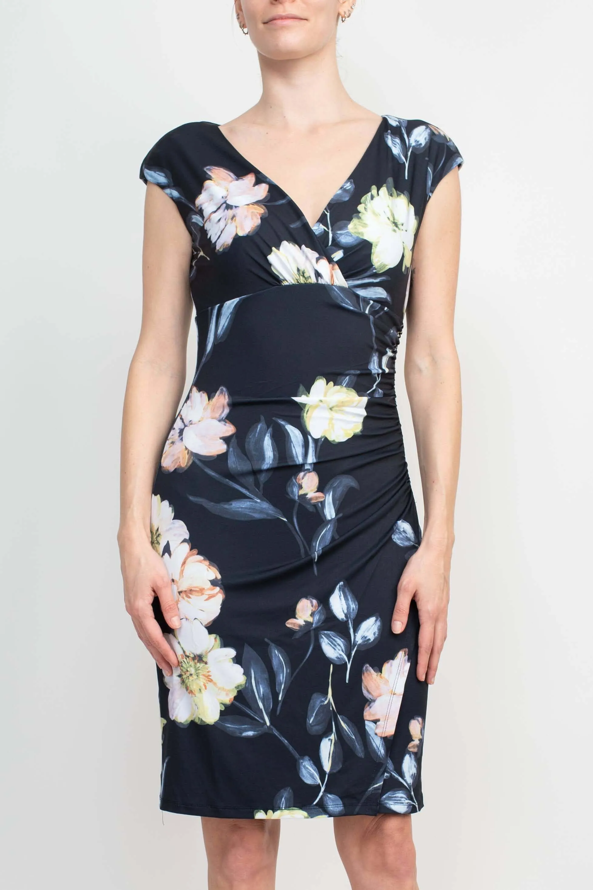 Catherine Malandrino V-Neck Gathered Side Cap Sleeve Floral Print Jersey Dress