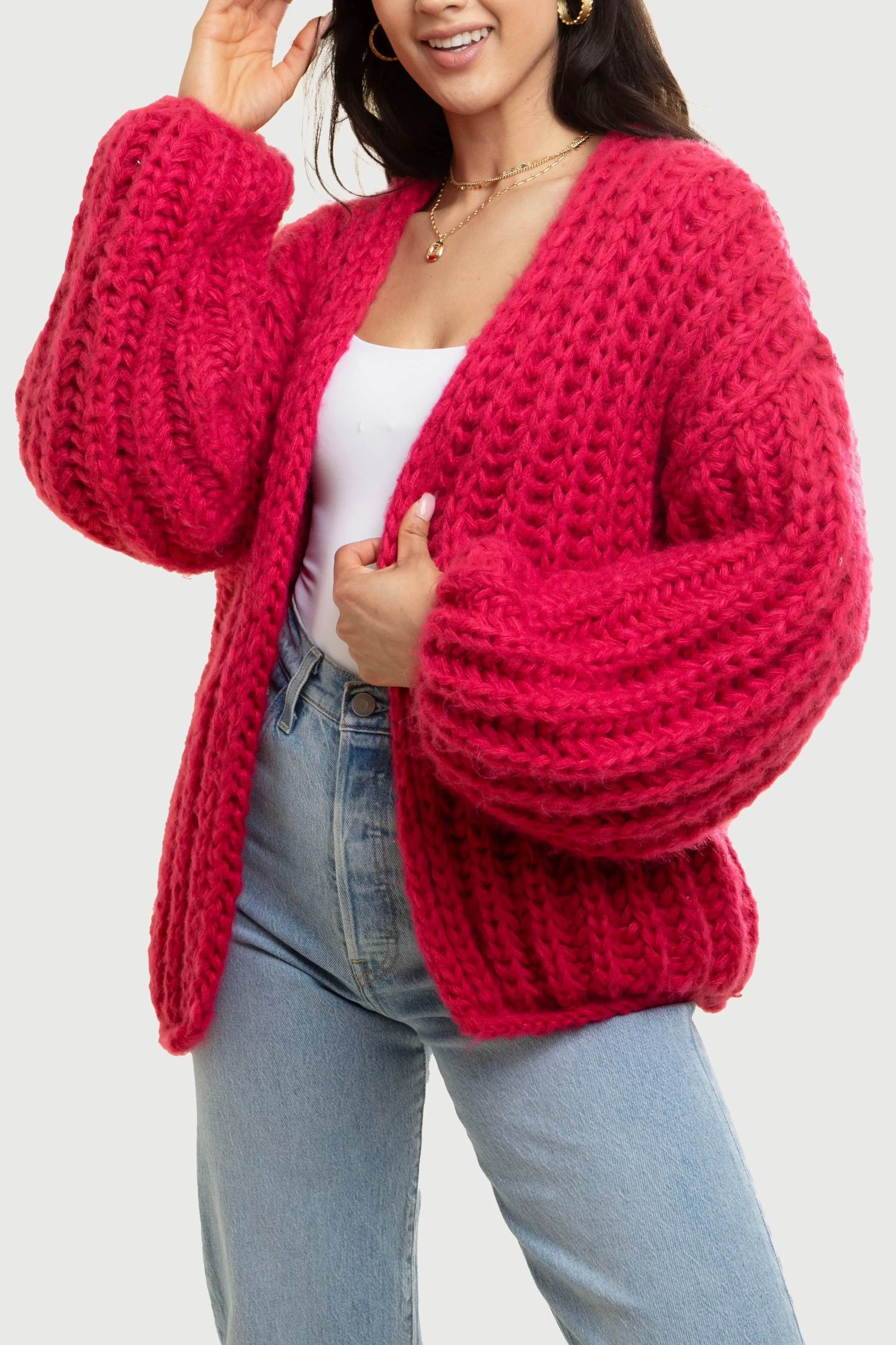 Chunky Oversized Cardigan With Bubble Sleeve - Cotton Handmade Wool Knit Sweater by SAACHI