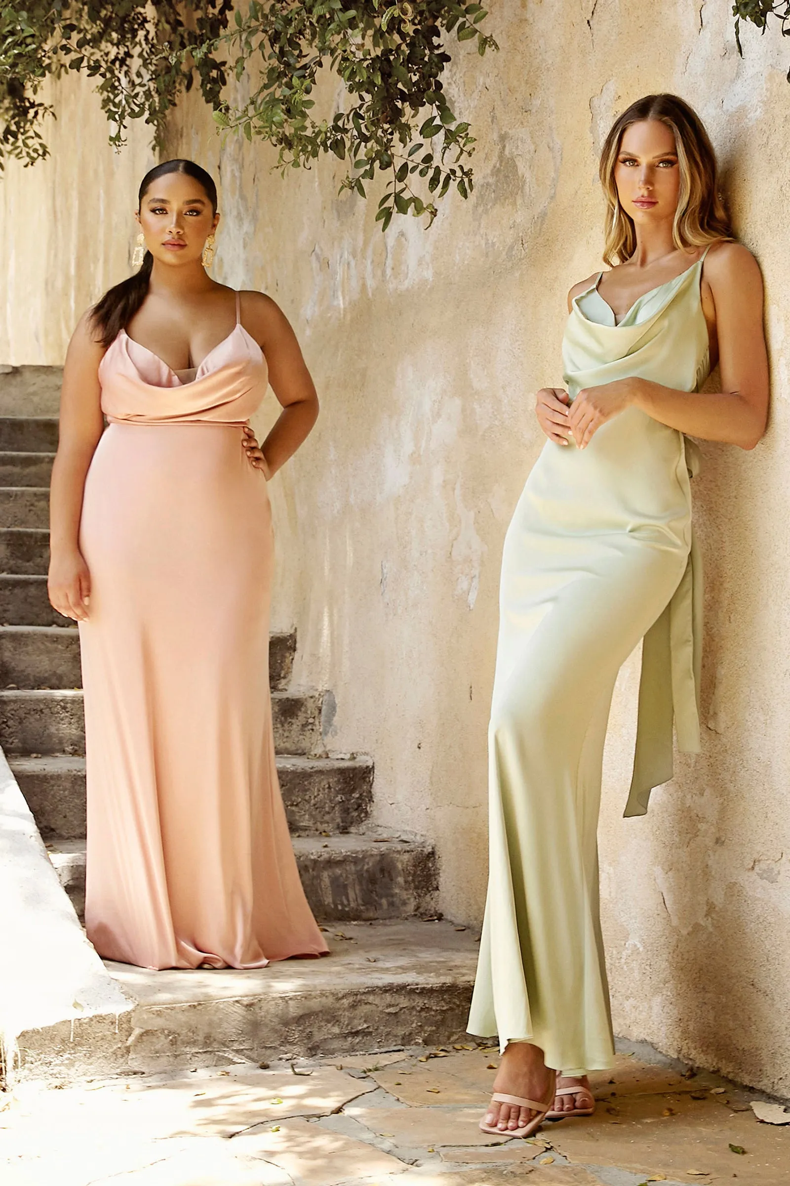 CINDERELLA DIVINE 7487 Cowl Fitted Neckline Satin Evening Dress