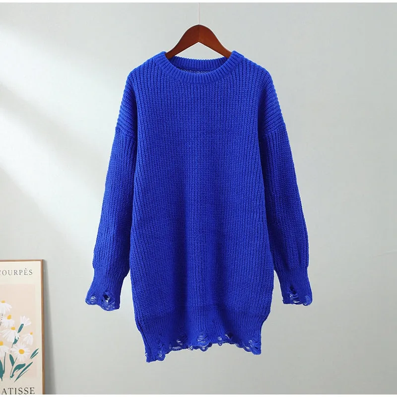 Cindy Ripped Crew Neck Long Sleeve Women Knit Sweater