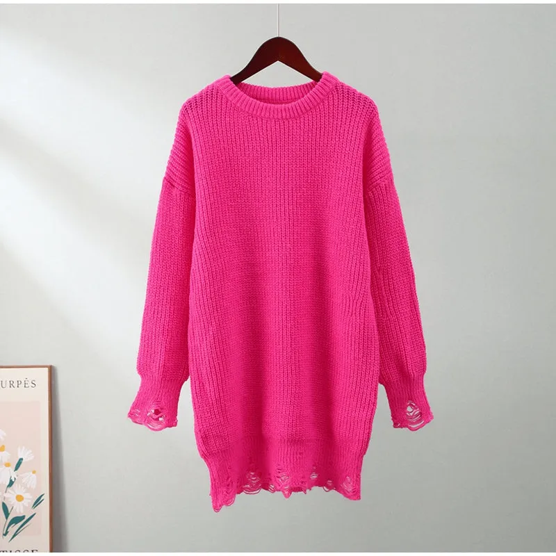 Cindy Ripped Crew Neck Long Sleeve Women Knit Sweater
