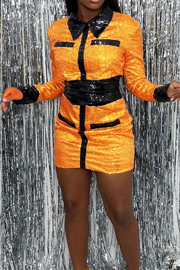 Color Block Sequined Feminine Mini Dress