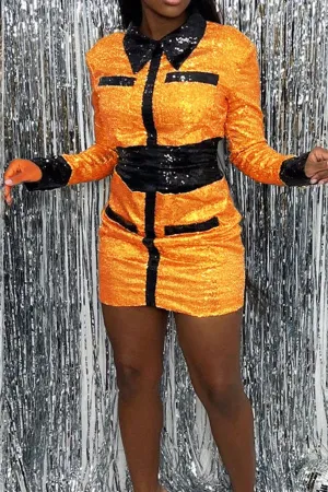 Color Block Sequined Feminine Mini Dress
