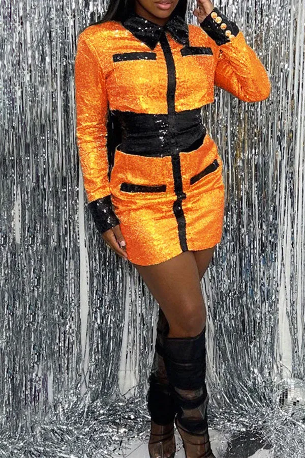 Color Block Sequined Feminine Mini Dress