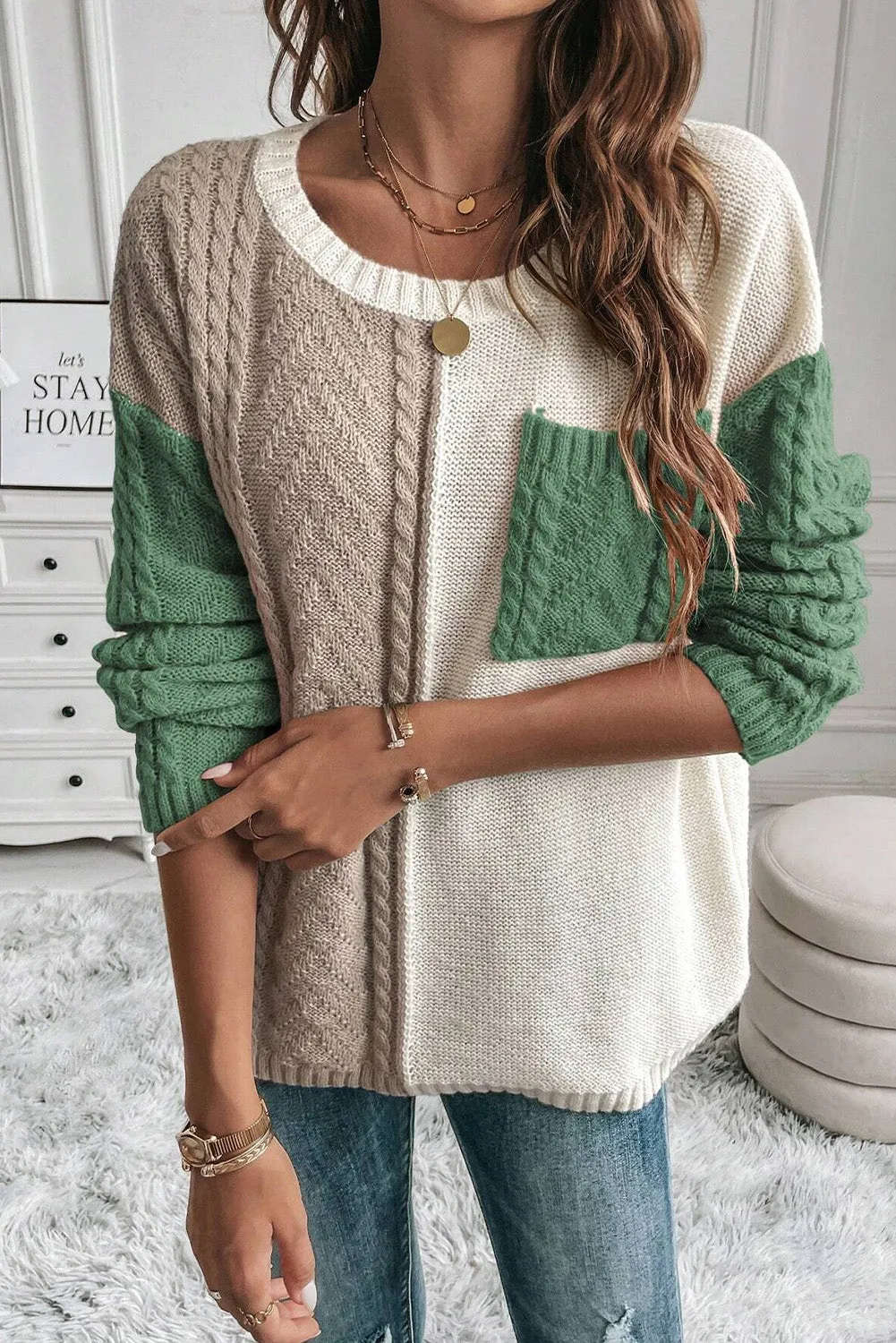 Colorblock Patched Pocket Drop Shoulder Sweater