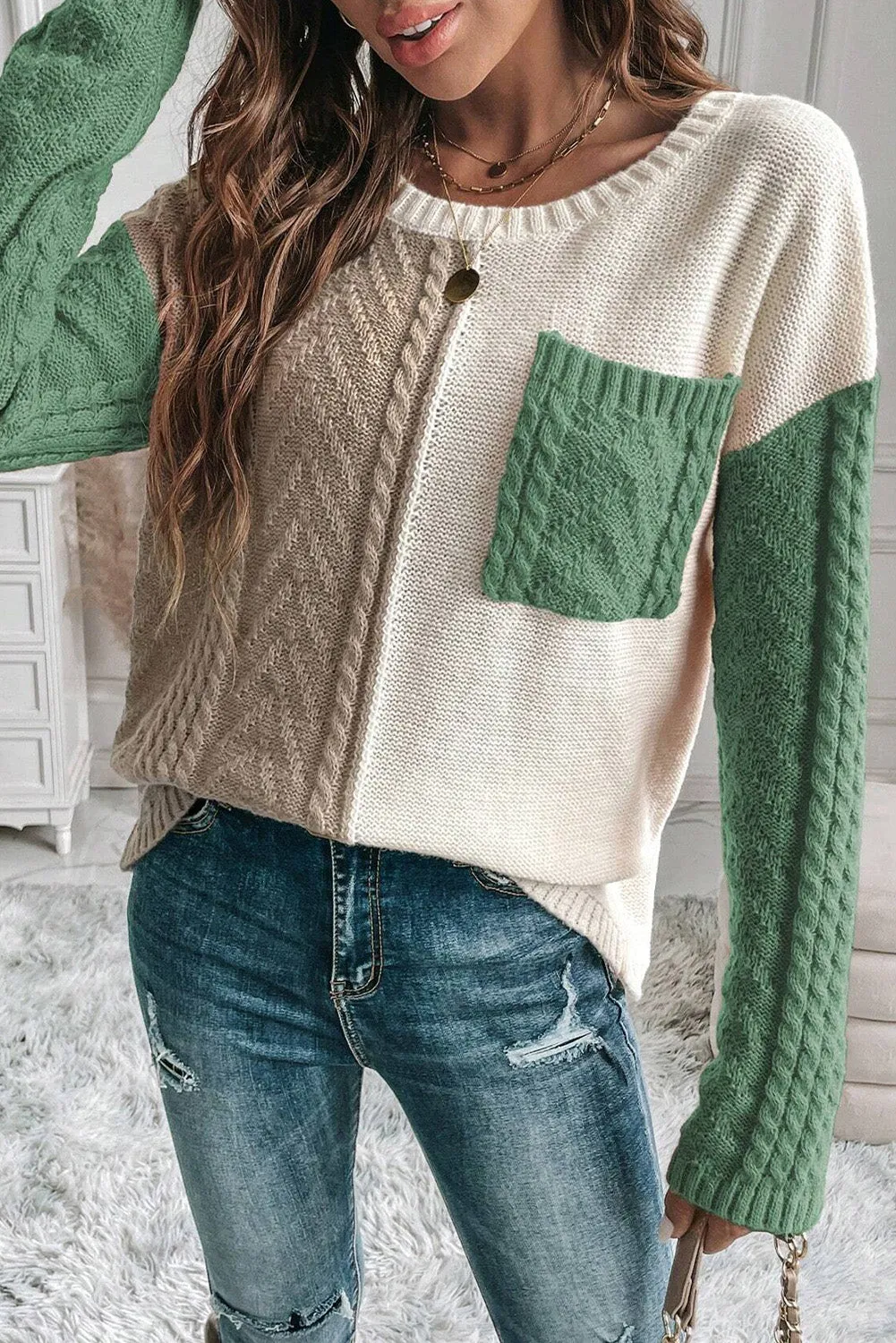 Colorblock Patched Pocket Drop Shoulder Sweater
