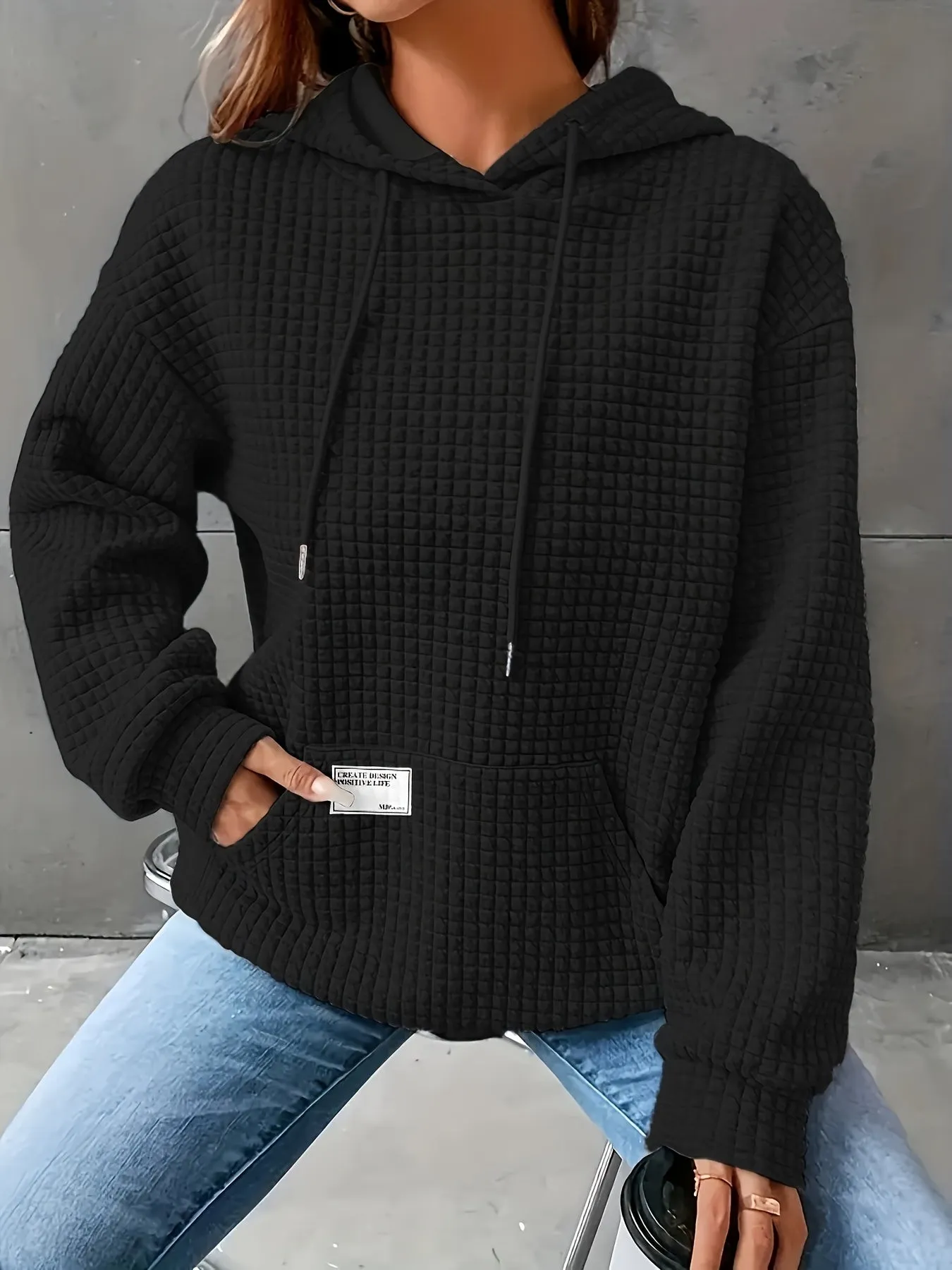 Cozy Waffle Knit Hoodie, Women's Long Sleeve Pullover for Fall/Winter.