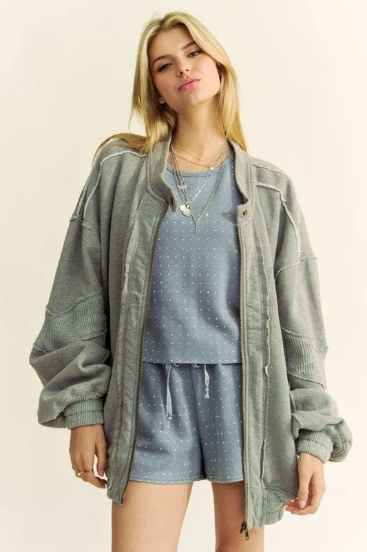 Davi & Dani Gray Raw Edge Waffle Framed Exposed Seam Zip Up Dropped Shoulder Jacket