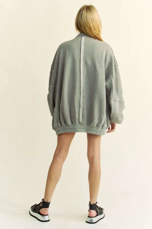 Davi & Dani Gray Raw Edge Waffle Framed Exposed Seam Zip Up Dropped Shoulder Jacket
