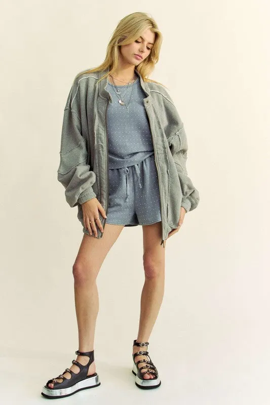Davi & Dani Gray Raw Edge Waffle Framed Exposed Seam Zip Up Dropped Shoulder Jacket