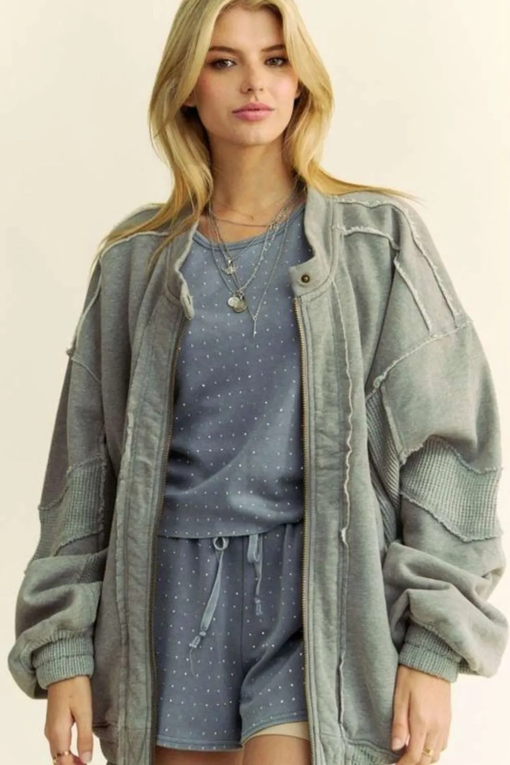Davi & Dani Gray Raw Edge Waffle Framed Exposed Seam Zip Up Dropped Shoulder Jacket