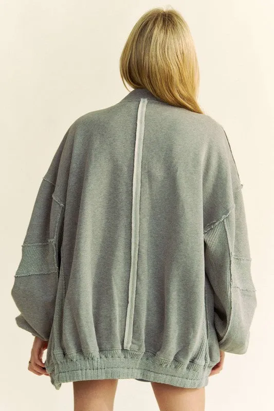 Davi & Dani Gray Raw Edge Waffle Framed Exposed Seam Zip Up Dropped Shoulder Jacket