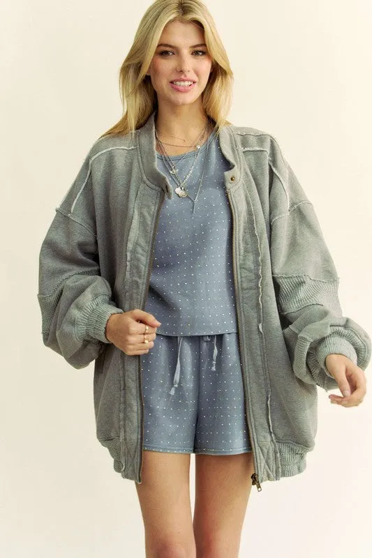 Davi & Dani Gray Raw Edge Waffle Framed Exposed Seam Zip Up Dropped Shoulder Jacket