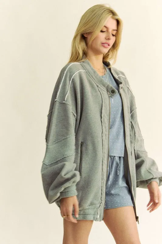Davi & Dani Gray Raw Edge Waffle Framed Exposed Seam Zip Up Dropped Shoulder Jacket