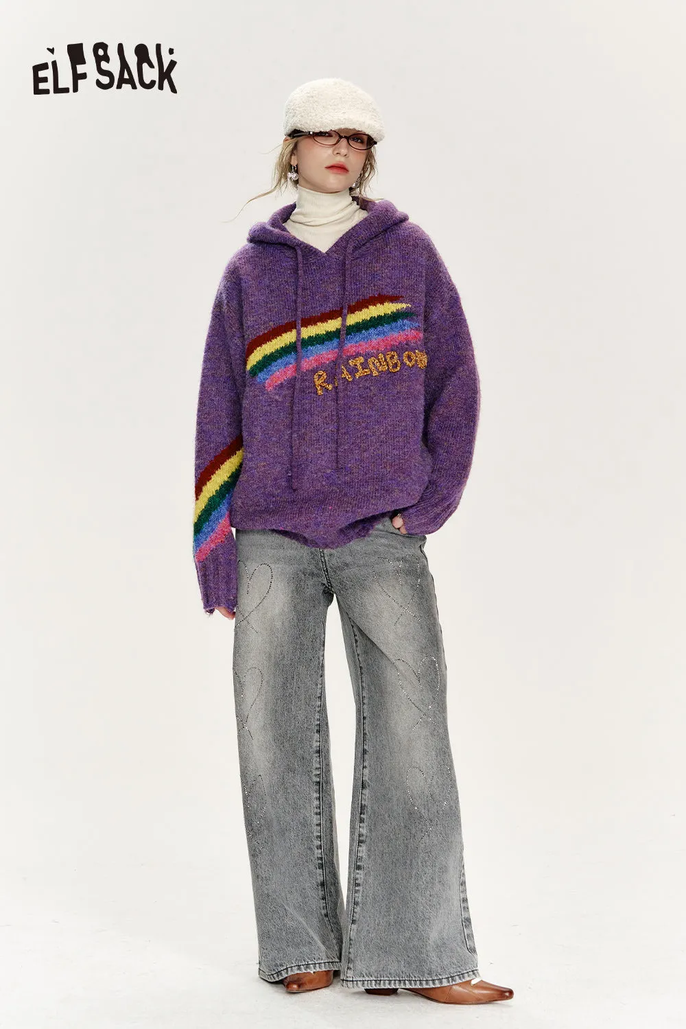 ELFSACK 2024 Winter New Arrivals Retro loose rainbow hooded sweater women soft warm top