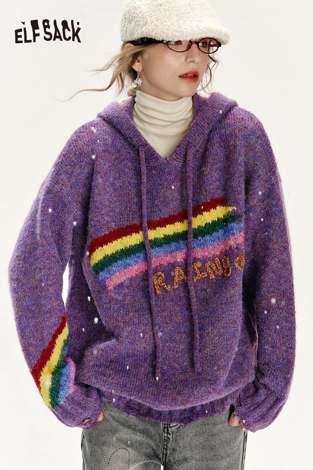 ELFSACK 2024 Winter New Arrivals Retro loose rainbow hooded sweater women soft warm top