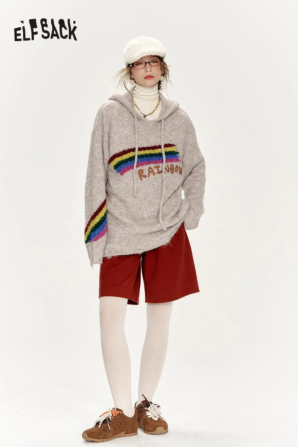 ELFSACK 2024 Winter New Arrivals Retro loose rainbow hooded sweater women soft warm top