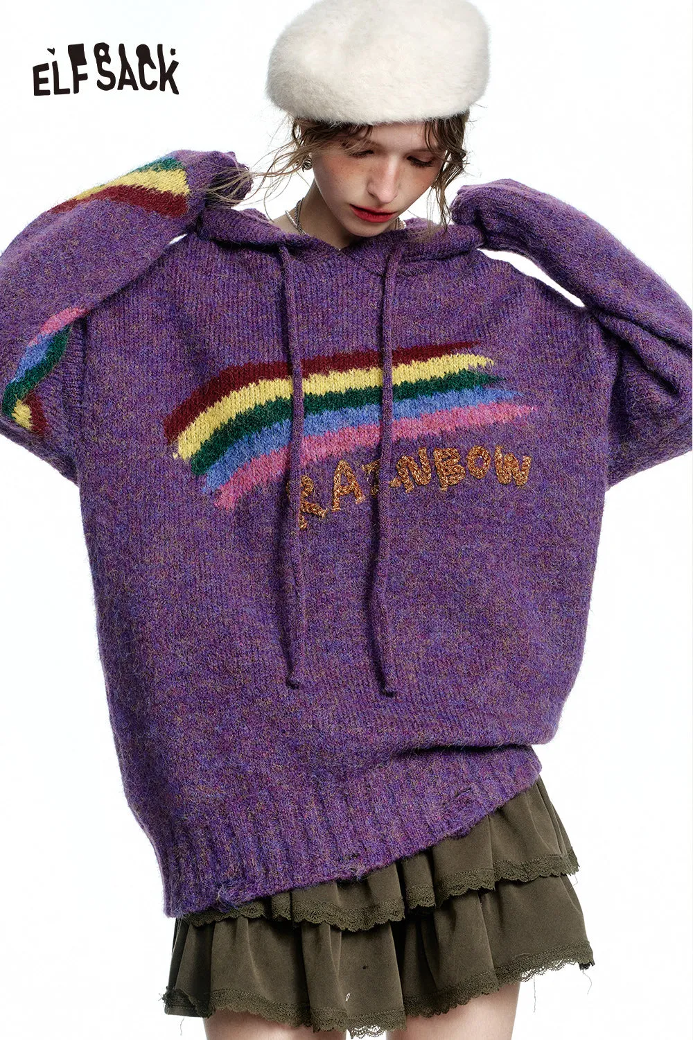 ELFSACK 2024 Winter New Arrivals Retro loose rainbow hooded sweater women soft warm top