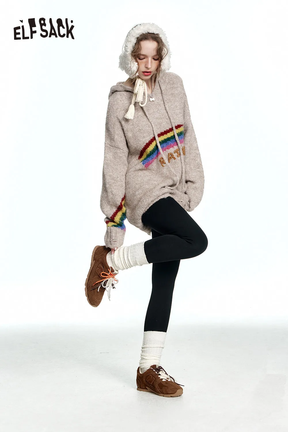ELFSACK 2024 Winter New Arrivals Retro loose rainbow hooded sweater women soft warm top