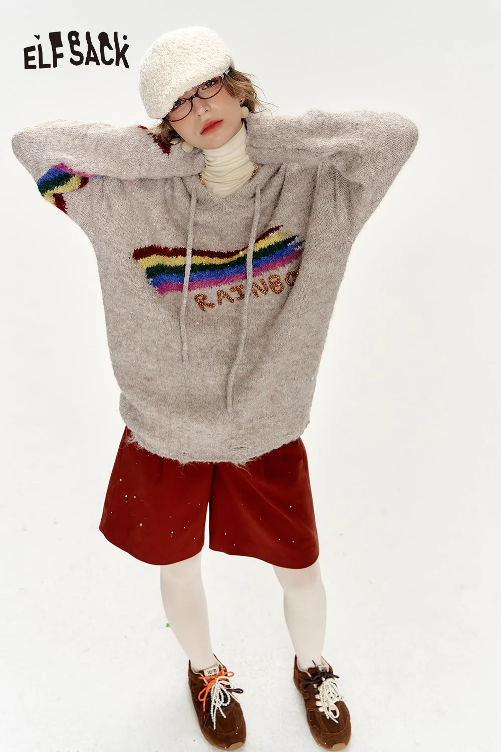 ELFSACK 2024 Winter New Arrivals Retro loose rainbow hooded sweater women soft warm top