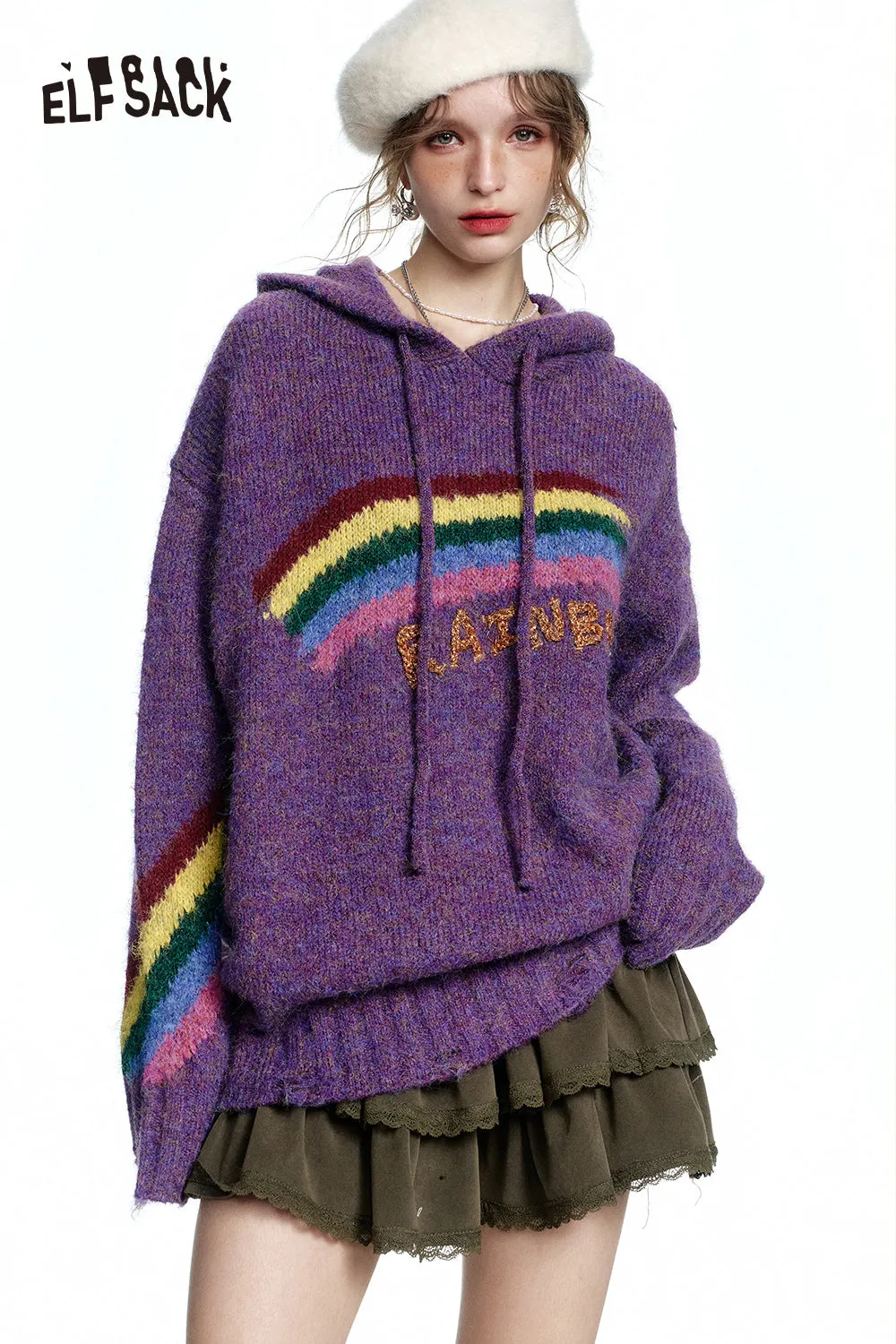 ELFSACK 2024 Winter New Arrivals Retro loose rainbow hooded sweater women soft warm top